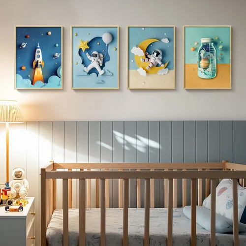 Vista 3 de Arte de pared enmarcado con temática espacial para habitación de niños