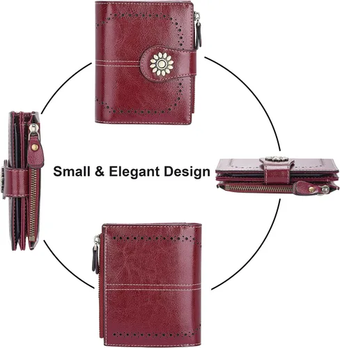 Vista 3 de Lavemi Cartera de cuero para mujer, pequeña, compacta, con bloqueo RFID, con bolsillo con cremallera
