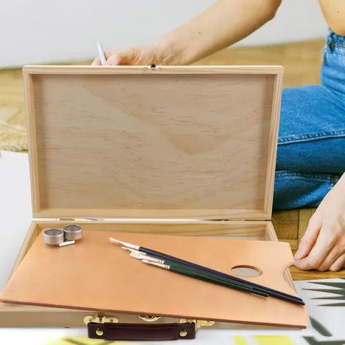 Vista 3 de FAVOMOTO Caja de almacenamiento de pintura, caja de madera portátil sin acabar, caja de suministros de arte para artista, caja de almacenamiento