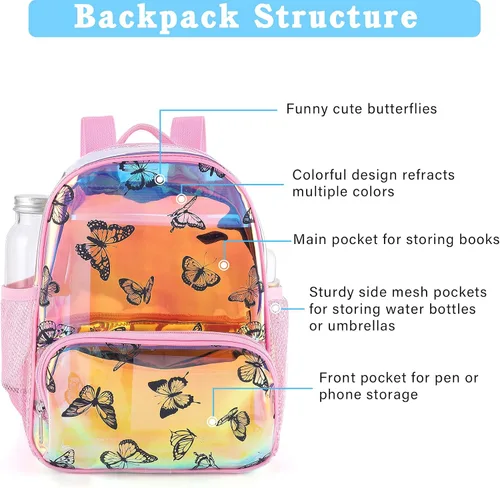 Vista 2 de Mochila con estampado de mariposas Mochila transparente resistente Estadio Bolsa de libro escolar transparente Bolsa de malla de PVC Bolsas