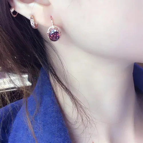 Vista 5 de SAGEKING 2024 New 585 Purple Gold Plated 14K Rose Gold Inlaid Oval Gemstone Earrings For Women Glamour Babble Engagement Wedding Jewelry Gift