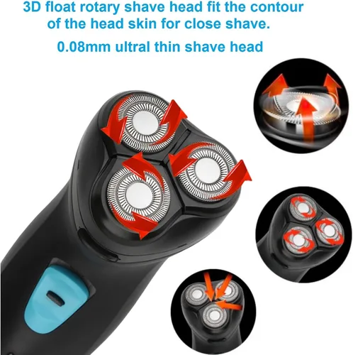 Vista 6 de Afeitadora eléctrica con cable para hombres. Afeitadora de cabeza profesional para hombre calvo. Navaja flotador 3D para máquina de afeitar cerrada.