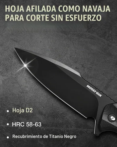 Vista 2 de Mossy Oak Cuchillo de hoja fija para exteriores, 8 pulgadas Full Tang D2 Steel Knife with Kydex Sheath, G10 Handle Camping Survival Knife for