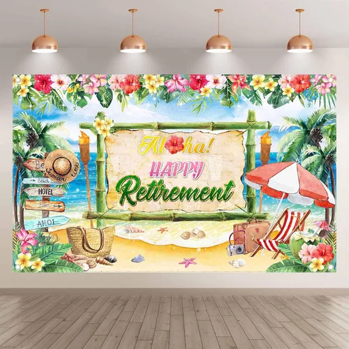 Vista 2 de Telón de fondo Aloha Happy Retirement de 72 x 43 pulgadas, para verano, hawaiano, tropical, playa, despedida, fondo de fotografía, Luau, decoración