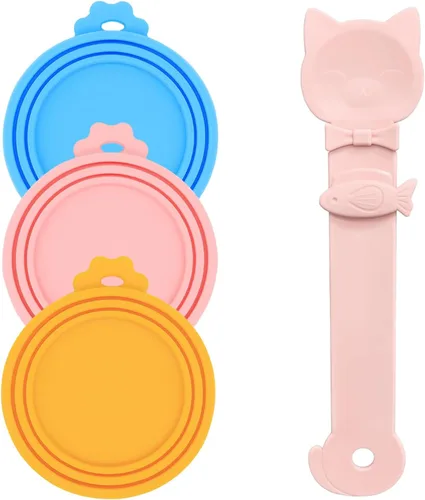 Vista 7 de Cuchara para latas de comida para gatos y 3 tapas de latas, bonitas fundas con forma de pata y abridor para alimentos húmedos, silicona universal