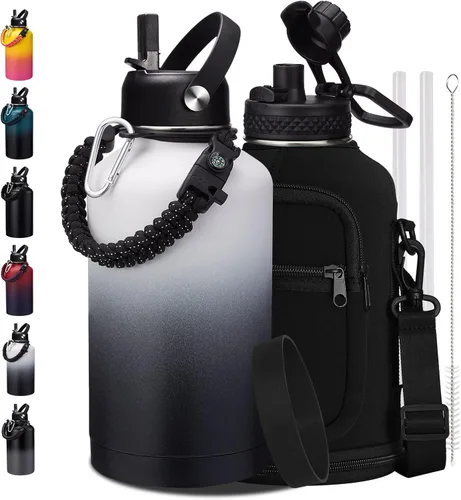 Vista 23 de Botellas de agua de 32 onzas aisladas con pajita y tapa para beber de un sorbo, asa de paracord, bolsa de transporte con correa, termo de triple
