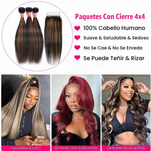 Vista 6 de Extensiones de cabello humano marrón con reflejos de Haha con cierre, extensiones lisas con cierre ombre, extensiones de cabello humano con cierre