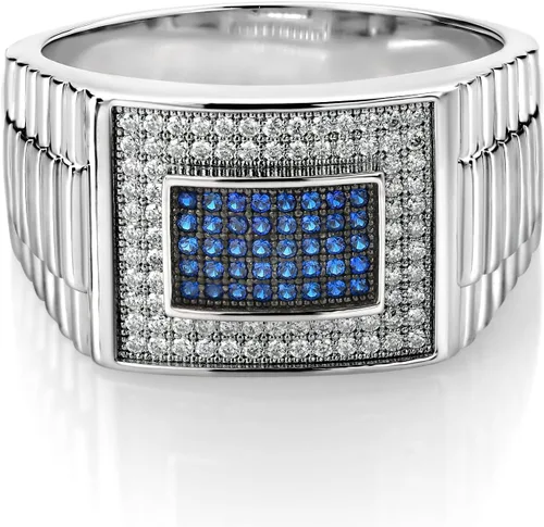 Vista 2 de Gem Stone King Anillo de plata de ley 925 con moissanita blanca y zafiro azul para hombre