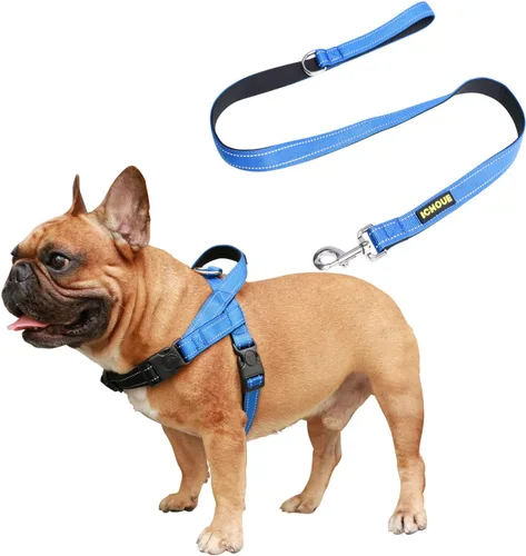 Vista 12 de iChoue Arnés para bulldog francés, ajustable, acolchado, hebilla bloqueada con asa para perros carlino francés, Boston Terrier inglés, azul, talla S