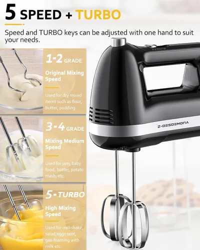 Vista 4 de Mezclador de Mano Eléctrico, Mezclador de Mano Potente de 300W Eléctrico de Mano con Batidores 304, Gancho de Masa, Mezclador de Mano con Turbo
