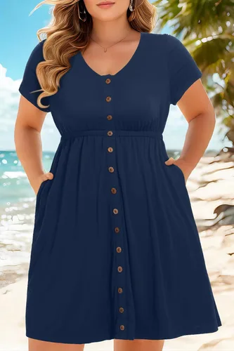 Vista 65 de Holipick Vestidos de verano para mujer, talla grande, casual, con bolsillos, acampanado, con botones, sin mangas, cuello en V