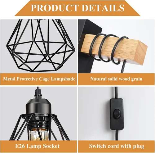 Vista 4 de Juego de 2 apliques de pared enchufables, luces de pared de granja con cable de enchufe, lámpara de pared rústica negra para dormitorio, mesita