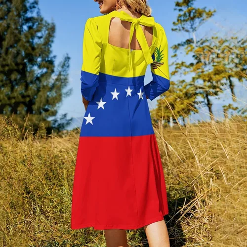 Vista 4 de Elegante vestido casual con lazo de la bandera venezolana para mujer, vestido floral acampanado, vestido de verano para niña, vestido de verano