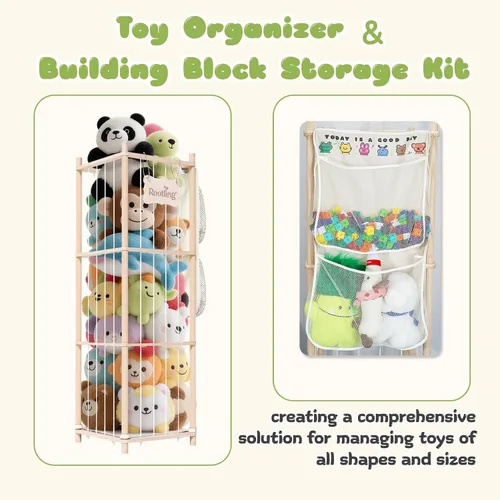 Vista 3 de Almacenamiento y organizador de animales de peluche, soporte de madera de 54 pulgadas de alto para juguetes de zoológico con bolsa de almacenamiento