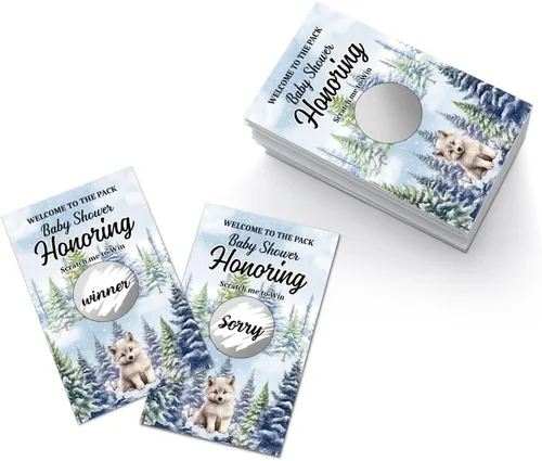 Vista 2 de Juego divertido de 50 piezas de Welcome To The Pack, tarjeta de rascar de lobo de nieve para baby shower, suministros de fiesta de cumpleaños