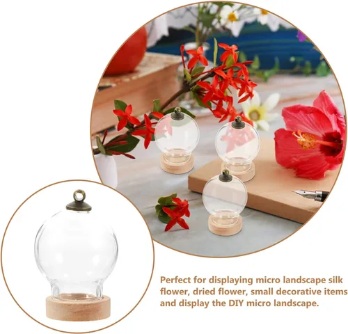 Vista 6 de HOMSFOU Retro Decor 3 piezas de cristal Cloche Bell Jar Display Dome con base de madera, mini botellas de vidrio, cúpula transparente, vitrina