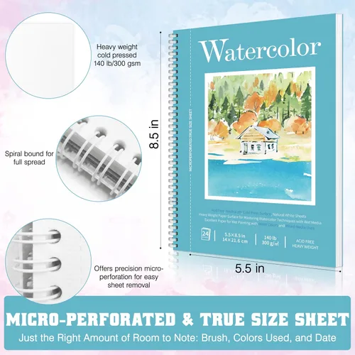 Vista 2 de Bloc de papel de acuarela, cuaderno de bocetos de acuarela de 5.5 x 8.5 pulgadas, 140 libras/300 gsm, cuaderno de acuarela encuadernado en espiral