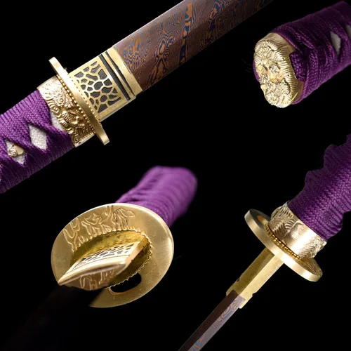 Vista 5 de Espada samurái de acero al carbono, espada pequeña japonesa Tanto espada pequeña Katana de espiga completa (morado)