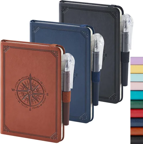 Vista 23 de Paquete de 3 cuadernos rayados con bolígrafo, cuadernos A5 (5.7 x 8.4 pulgadas) de tapa dura de cuero para mujeres y hombres, trabajo, 160 páginas