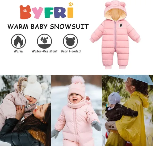 Vista 2 de BYFRI Baby Boys Girls Snowsuit Infant Winter Clothes Newborn Hooded Jacket Toddler Jumpsuit Coat