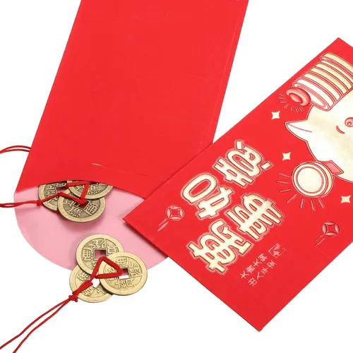Vista 4 de Boao Monedas china de la fortuna Feng Shui I Ching Monedas de buena suerte tradicionales de latón, Adorno para el Año Nuevo con cadena roja