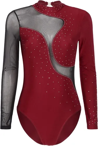 Vista 8 de iiniim Leotardo de malla para mujer, con diamantes de imitación, de malla, de manga larga, leotardos de gimnasia
