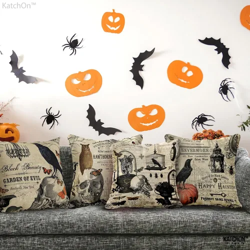 Vista 4 de KatchOn, Fundas de almohada vintage de Halloween de 18 x 18 pulgadas, paquete de 4 fundas de almohada de calavera Fundas de cojín de calabaza