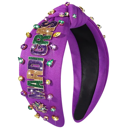 Vista 15 de Diadema de Mardi Gras para mujer, diadema de corona de flor de lis, diadema morada con diamantes de imitación y nudo superior, accesorios