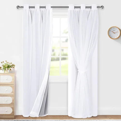 Vista 29 de XWZO Cortinas 100% opacas de doble capa para guardería, cortinas opacas con superposición transparente para dormitorio de niñas, cortinas
