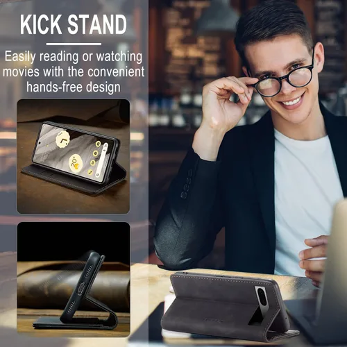 Vista 6 de Kowauri Funda para Google Pixel 7A, diseño clásico de cuero con cierre magnético, con ranura para tarjetero, a prueba de golpes, funda protectora