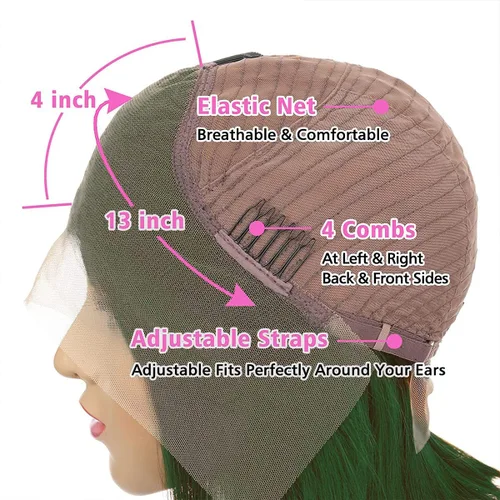 Vista 4 de Colorful Bird Pelucas de cabello humano brasileño ondulado con encaje frontal de 13 x 4 HD, predepilada con abuelitos, color verde oscuro, pelucas