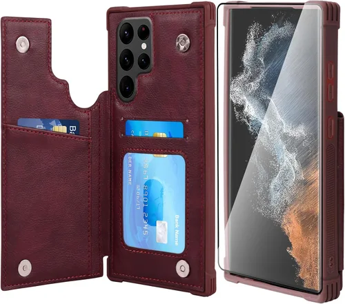 Vista 20 de VANAVAGY Funda tipo cartera compatible con Galaxy S22 con soporte para tarjetas de bloqueo RFID, piel sintética, cierre magnético, función atril