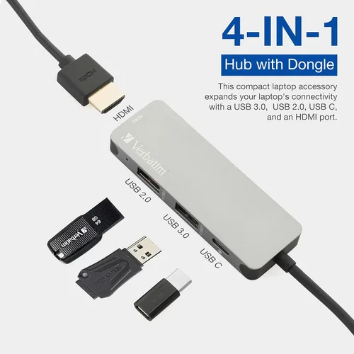 Vista 3 de Verbatim - Adaptador 4 en 1 USB C Hub con 4K HDMI, 60W Power Delivery, USB 3.0, USB 2.0 para portátiles USB C