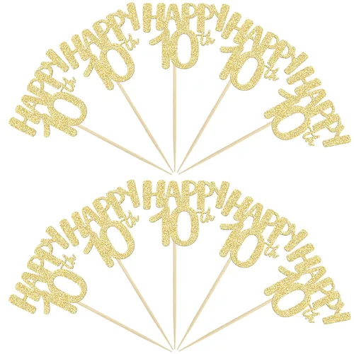 Vista 3 de Gyufise Paquete de 24 adornos dorados para cupcakes número 10 para celebrar cumpleaños de 10 años, bodas, aniversarios, fiestas, suministros