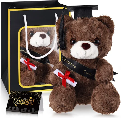 Vista 13 de Oso ZJoey con gorra de graduación Juguetes Clase de 2025 Oso de peluche Teddy Bear Animal con gorra y toga con tarjeta de felicitación y bolsa