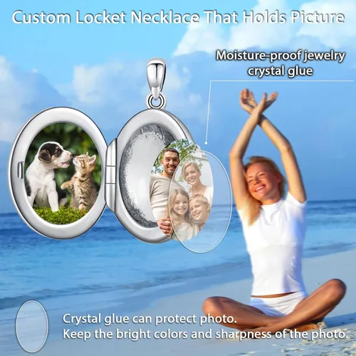 Vista 5 de Shusukue Collar con medallón de forma redondacorazónovalada que sostiene imágenes, plata de ley 925, fotos de piedra natal personalizadas, colgante