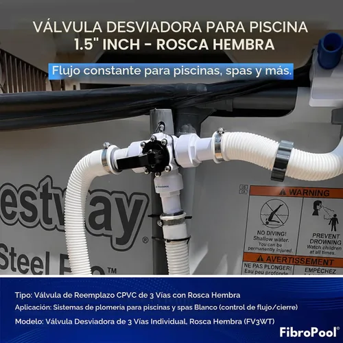 Vista 2 de FibroPool Válvula desviadora de 3 vías - Mango giratorio - 1.5 pulgadas