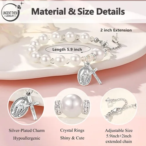 Vista 3 de UNGENT THEM Pulsera de perlas con cruz de rosario, bautismo, comunión, confirmación católica, regalos de Pascua para niñas, nieta, hija, sobrina
