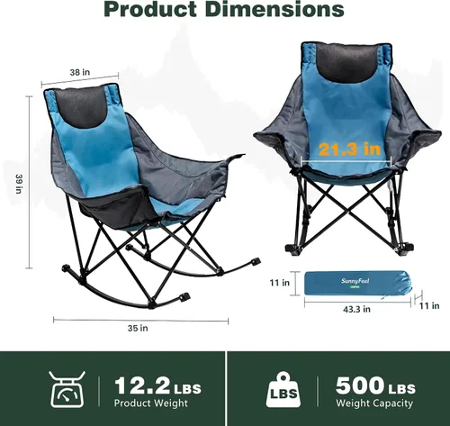 Vista 3 de SUNNYFEEL Silla de Camping Balancín Extra Grande, Silla de Patio Completamente Acolchada con Bolsillo Lateral, Silla Reclinable de Césped Portátil