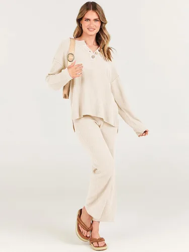 Vista 4 de ANRABESS Conjunto de 2 piezas para mujer, conjunto de suéter holgado holgado de punto de gran tamaño, conjunto de ropa de descanso a juego de moda