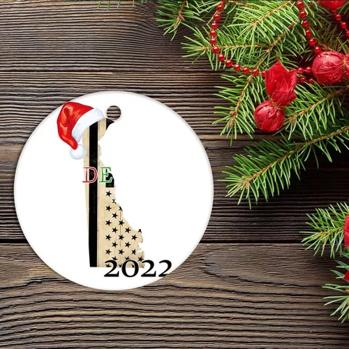 Vista 2 de Adorno de cerámica de Navidad Delaware, adornos personalizados para árbol de Navidad, Delaware, bandera estatal estadounidense recortada, adorno