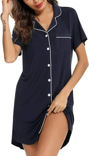 Vista 2 de Samring Camisón de pijama para mujer, manga cortalarga, con botones, camisón para dormir, camisón para novio, talla XXL