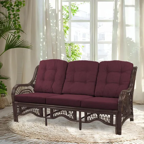 Vista 15 de Malibu Lounge Sofá de tres plazas de mimbre de ratán natural, diseño hecho a mano (cojines marrón claro, colonial)