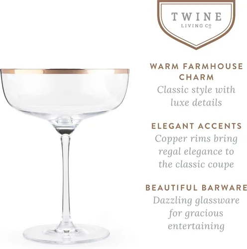 Vista 3 de Twine Copas de cóctel de cristal con borde de cobre, perfectas para Martini, champán, cosmopolitan, Manhattan, accesorios de bar en casa, 10 onzas