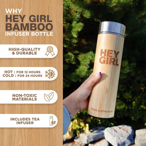 Vista 3 de Hey Girl - Botella infusor de té de bambú con colador de té, botella de agua aislada de acero inoxidable para té y café de hojas sueltas, vaso de té