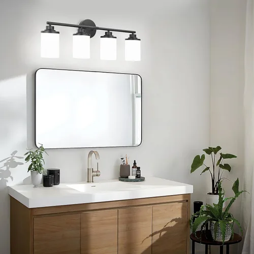 Vista 8 de Lámparas de baño, luces de baño negras mate, luz de tocador de 4 luces sobre espejo, moderna lámpara de tocador con vidrio esmerilado