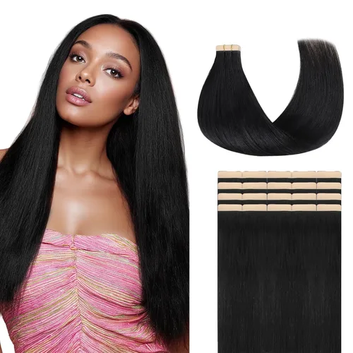 Vista 33 de Extensiones de cabello Lashey de 14 pulgadas; extensiones de cabello humano real lacio color negro azabache con trama adhesiva para mujeres, 20