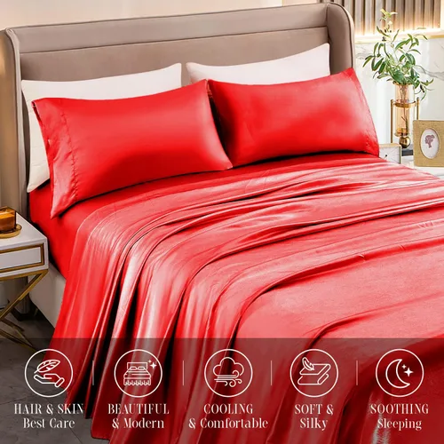 Vista 5 de Elegant Comfort Lujoso juego de sábanas de satén sedoso de 4 piezas, agradable para la piel y el cabello, resistente a las arrugas, la decoloración
