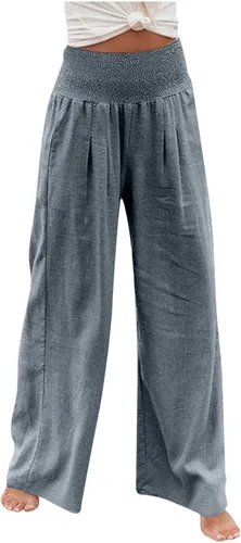 Vista 7 de DOLKFU Pantalones de lino para mujer, talla grande, pierna ancha, pantalones de verano de cintura alta, holgados, casuales, cómodos, pantalones