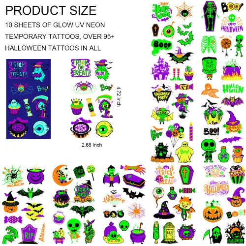 Vista 5 de 10 hojas de tatuajes temporales de neón de Halloween que brillan bajo los rayos UV, más de 95 estilos, impermeables, para fiestas de niños, niños